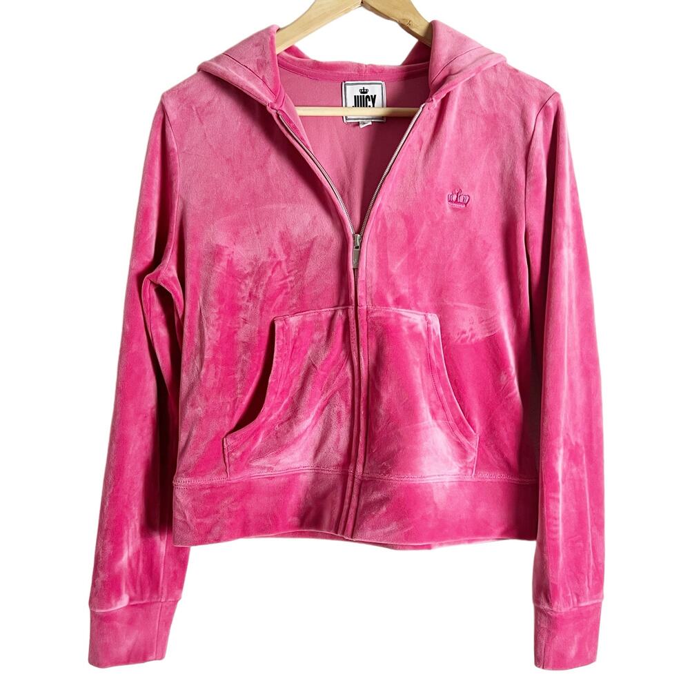 Juicy Couture Pink Velour Y2K Tracksuit Zip Up Hooded Jacket Size M